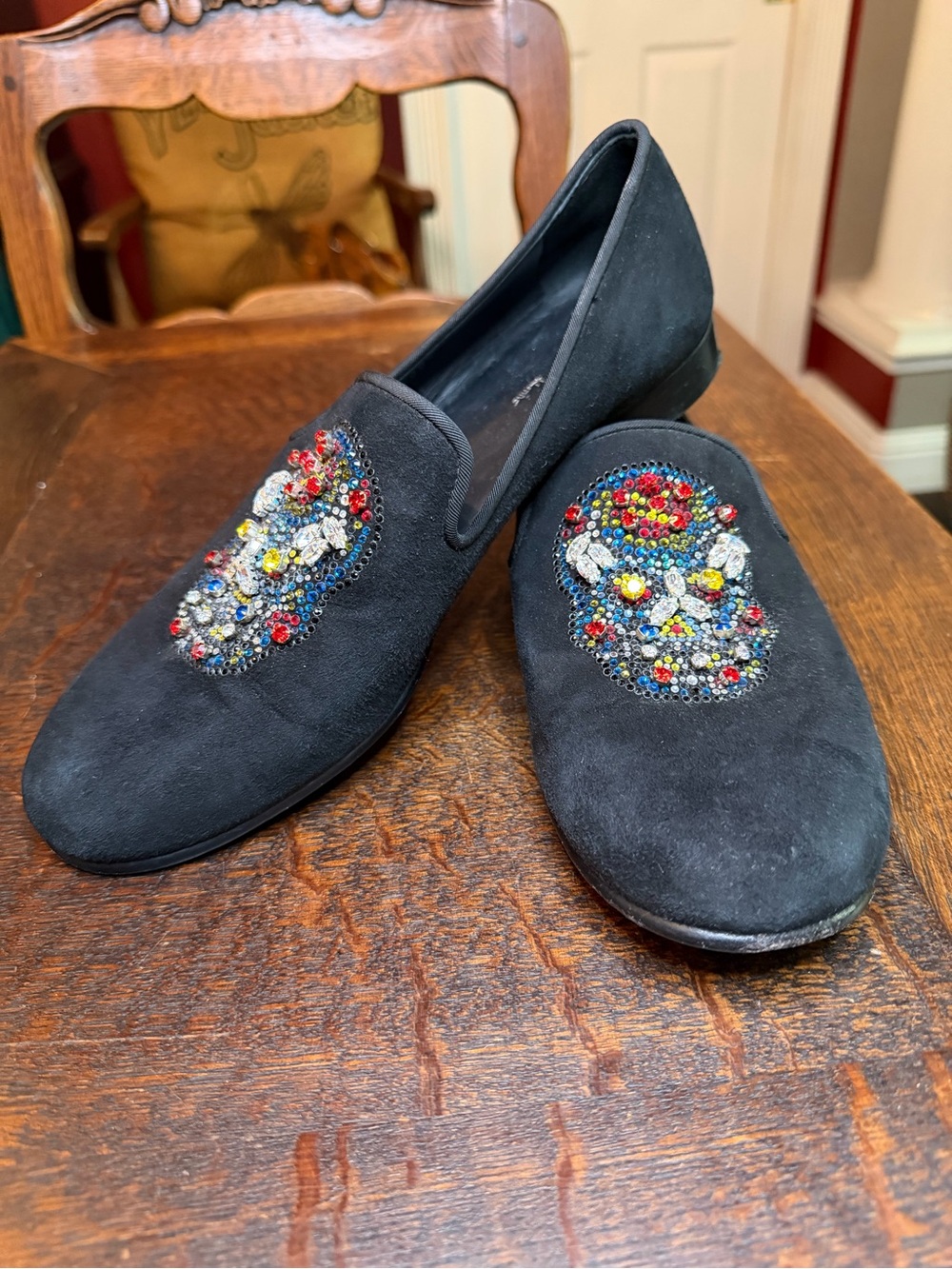 Giuseppe Zanotti Kevin Rhinestone Skull Suede Loafers Black Size 41